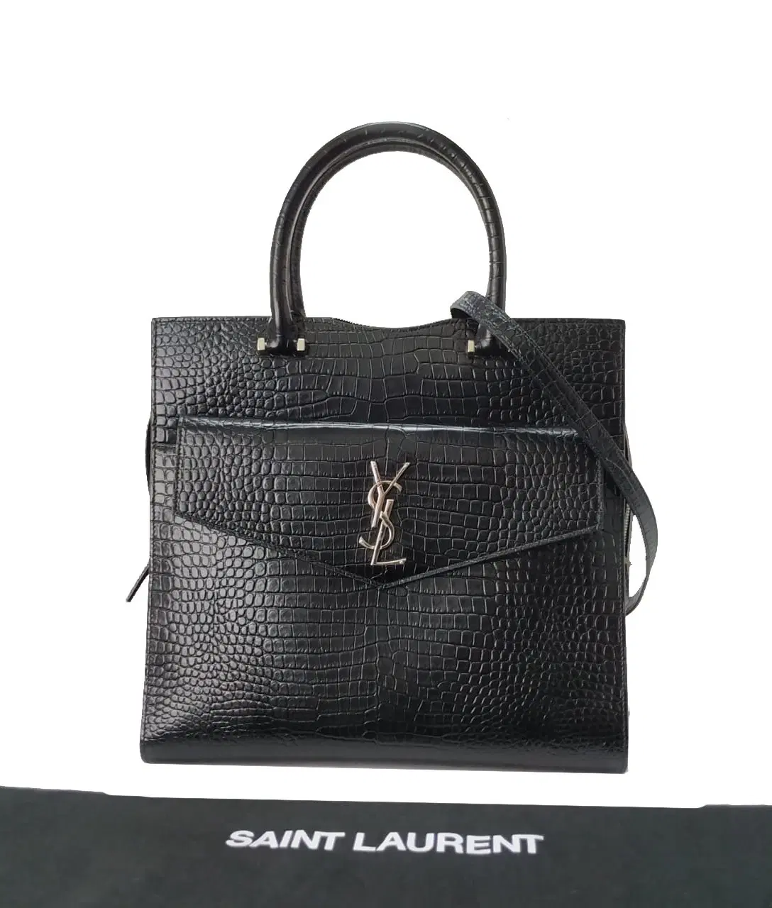 YSL Saint Laurent Medium Cabas Uptown Croc Embossed Leather Satchel