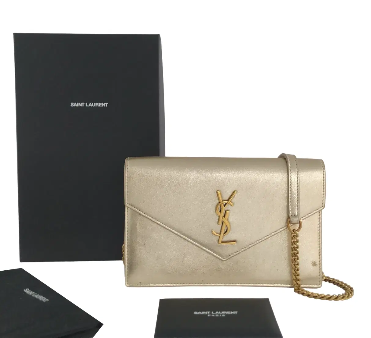 YSL Golden Metallic Envelope Clutch With Chain Strap