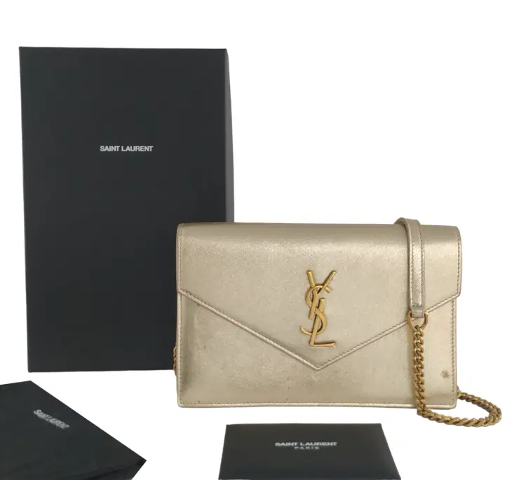 YSL Golden Metallic Envelope Clutch With Chain Strap-Hover-Image