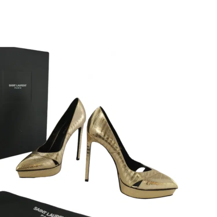 Size 38 - Saint Laurent Paris Gold Embossed Leather Pointed Toe Platform Pumps-Hover-Image