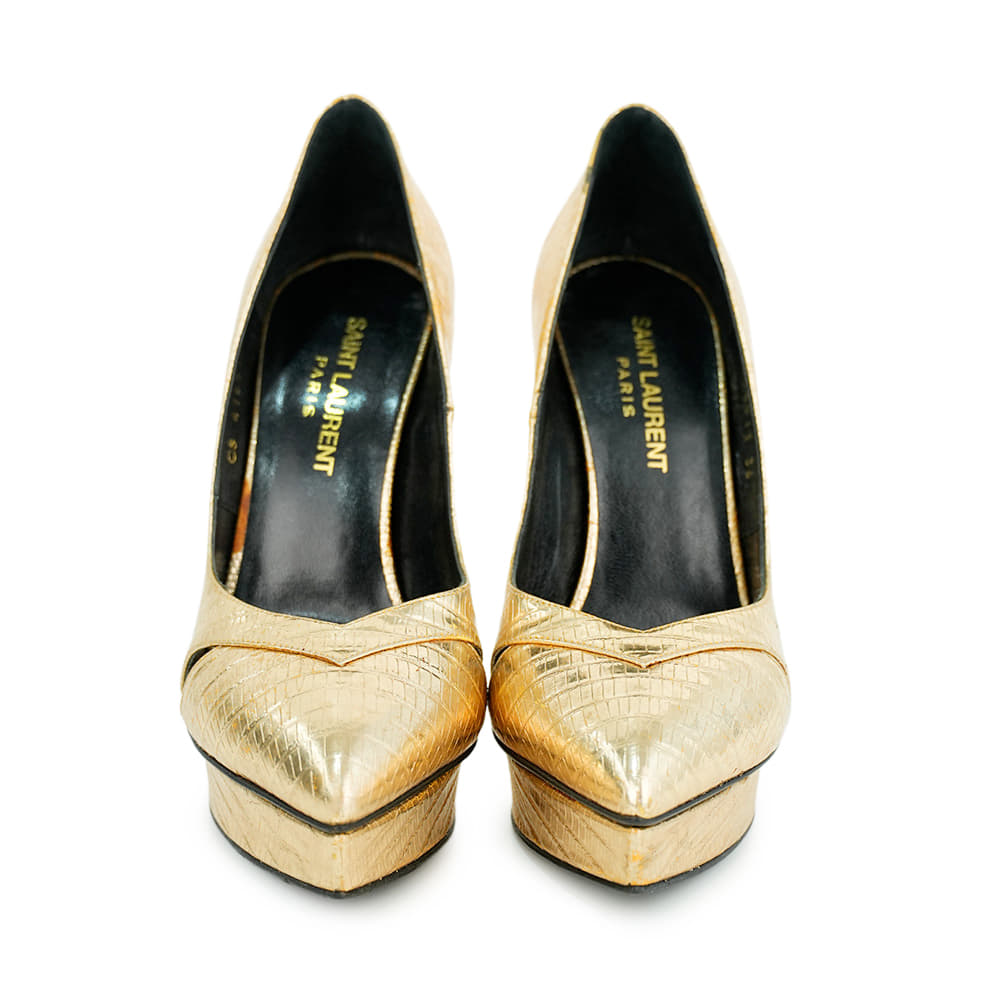 Saint Laurent Gold Embossed Leather Platform Pumps,Size 36