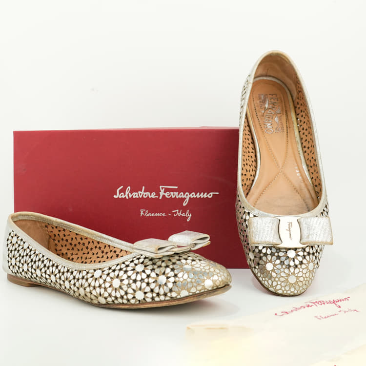 Size 7 - Salvatore Ferragamo Metallic Grey Perforated Leather Varina Bow Ballet Flats-Hover-Image