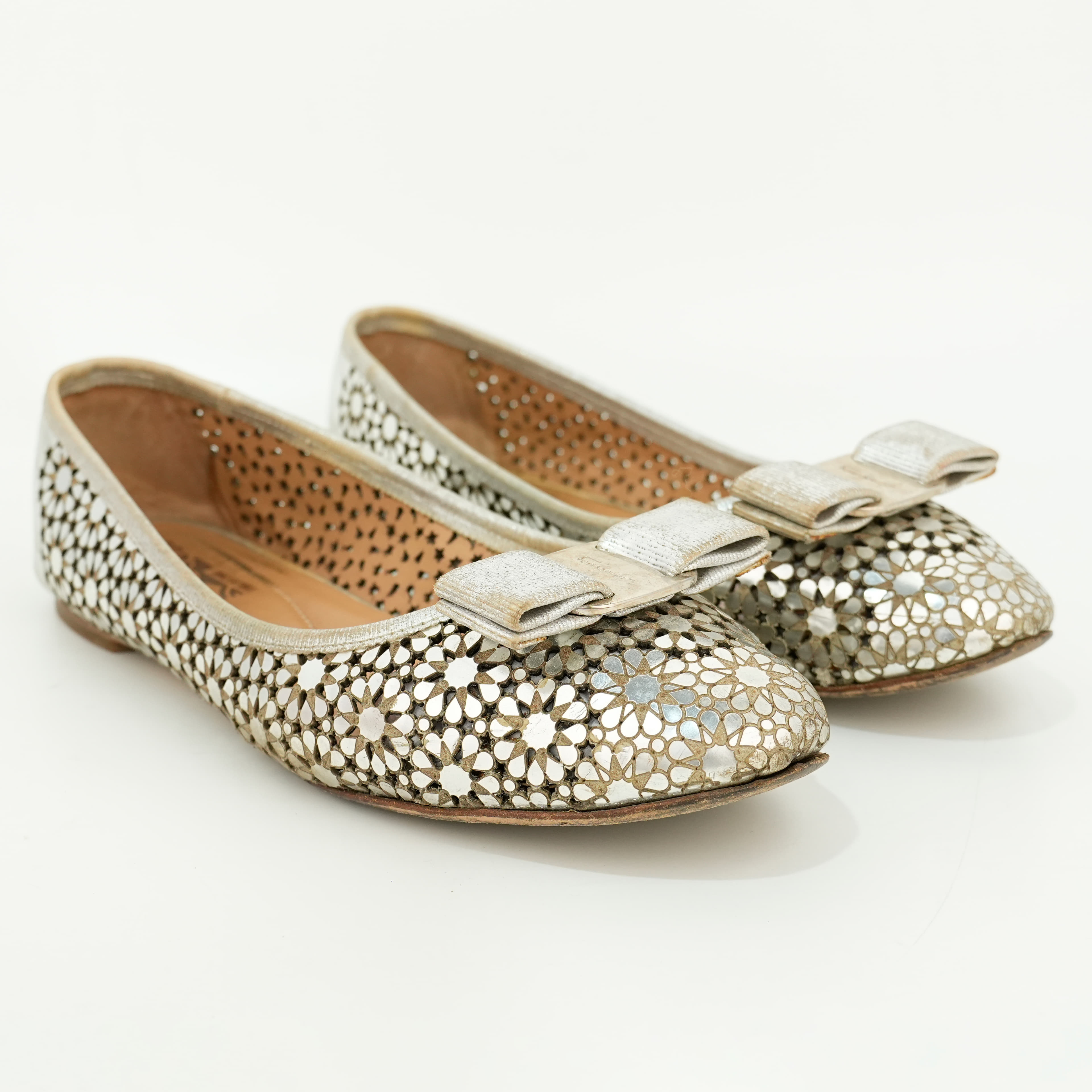 Size 7 - Salvatore Ferragamo Metallic Grey Perforated Leather Varina Bow Ballet Flats