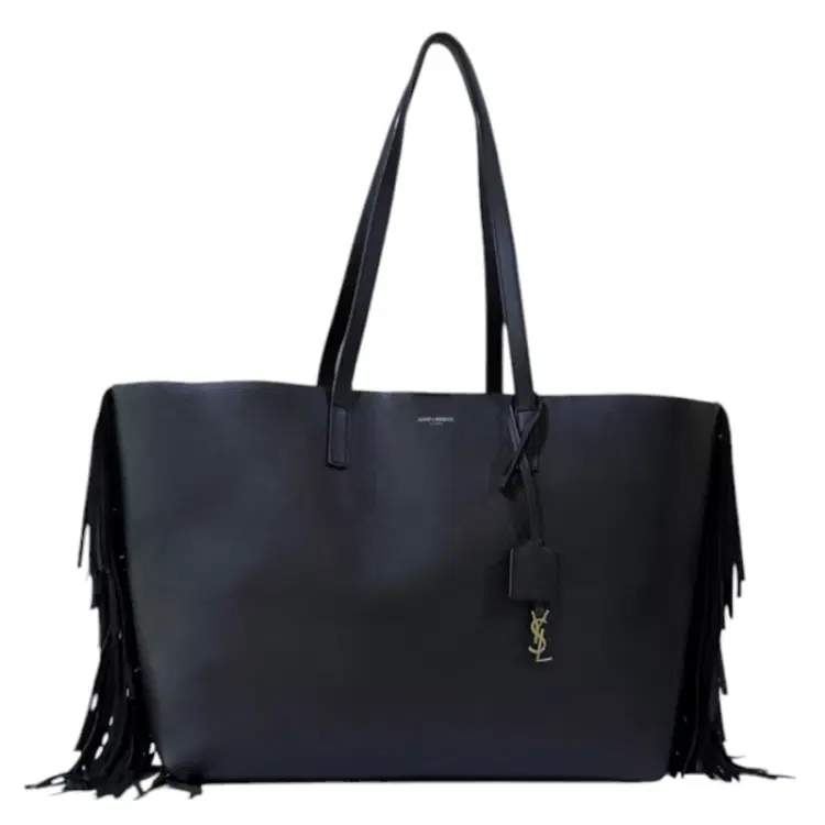 Saint Laurent Fringed Black Leather Shopping Tote-Hover-Image