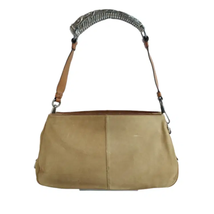 Yves Saint Laurent Brown Suede Leather Mombasa Silver Horn Handle Bag-Hover-Image