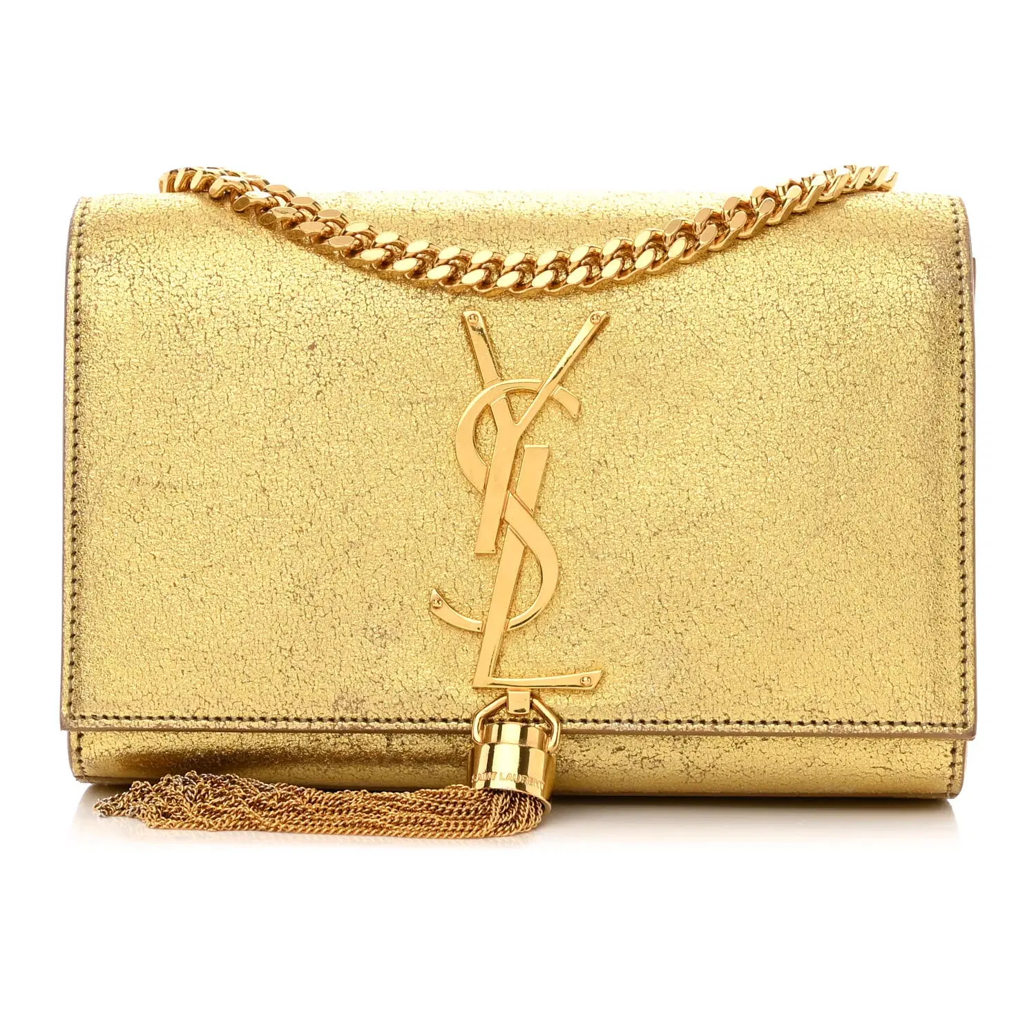 Saint Laurent Gold Metallic Leather Classic Monogram Tassel Flap Bag