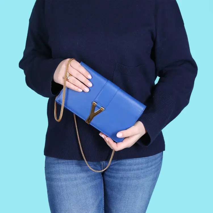 YSL Saint Laurent Blue Calfskin Leather Ligne Y Chain Clutch-Hover-Image