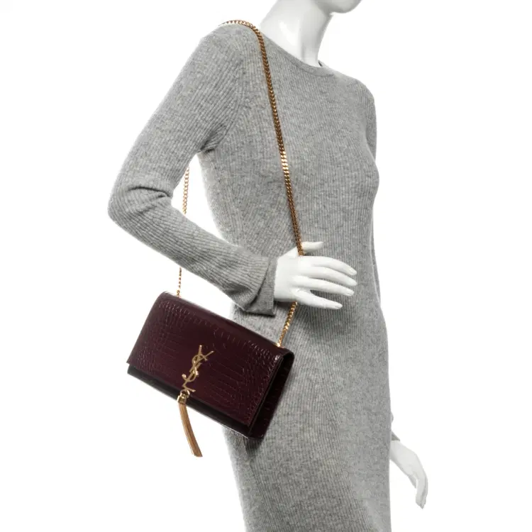 Saint Laurent Burgundy Croc Embossed Leather Kate Tassel Shoulder Bag-Hover-Image