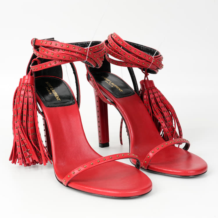 Size 38 - Yves Saint Laurent Women's Round Toe Tassel Studded Heels-Hover-Image